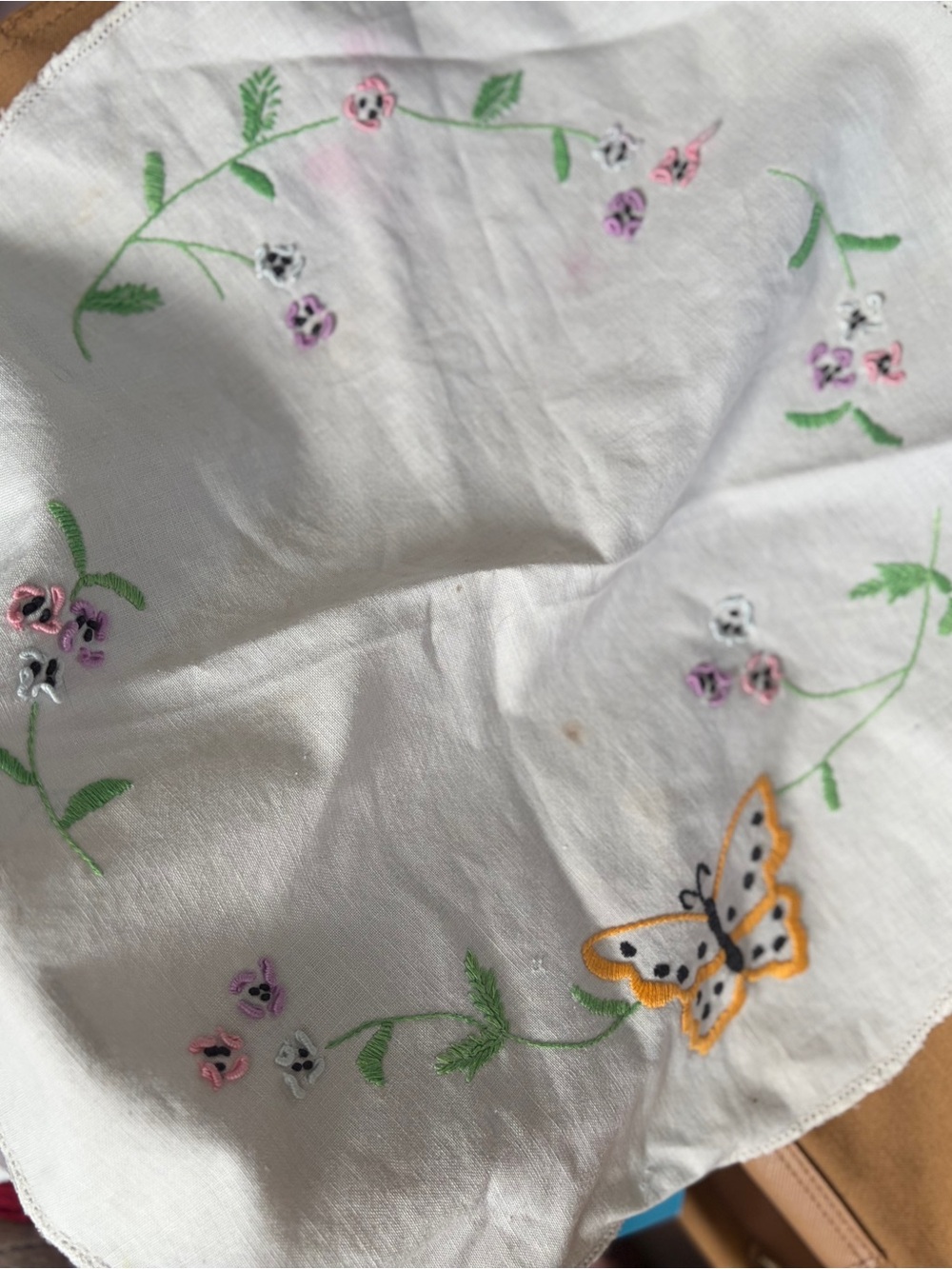 Embroidered White Butterfly Linen Table Accent 1940s 1950s Era Handmade Vintage